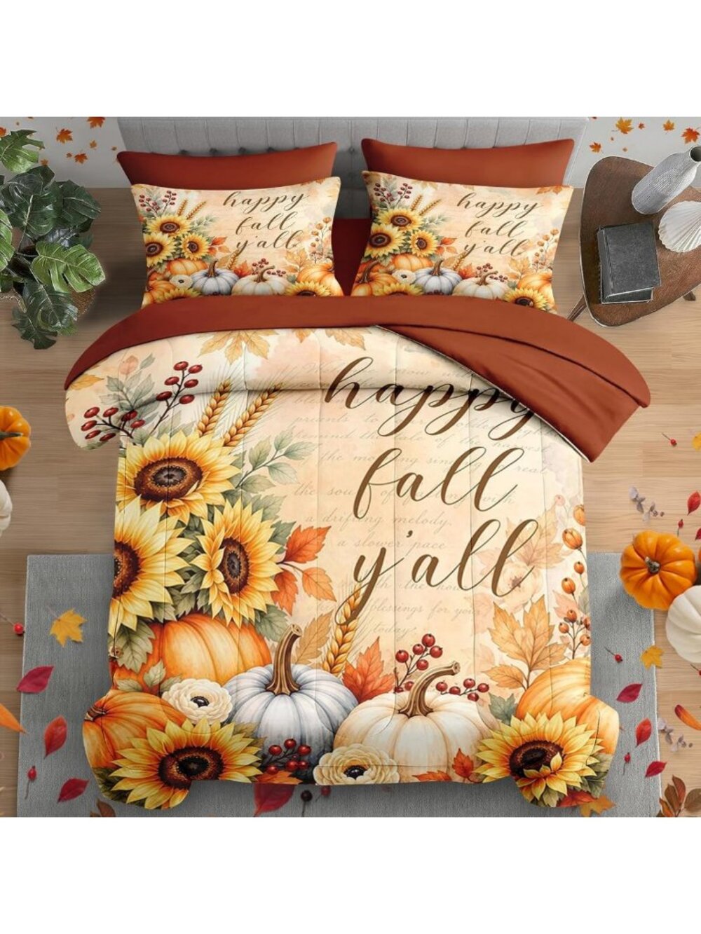 Cozy Queen Fall Comforter Set with Sheets - 7 Piece Thanksgiving Bedding Set